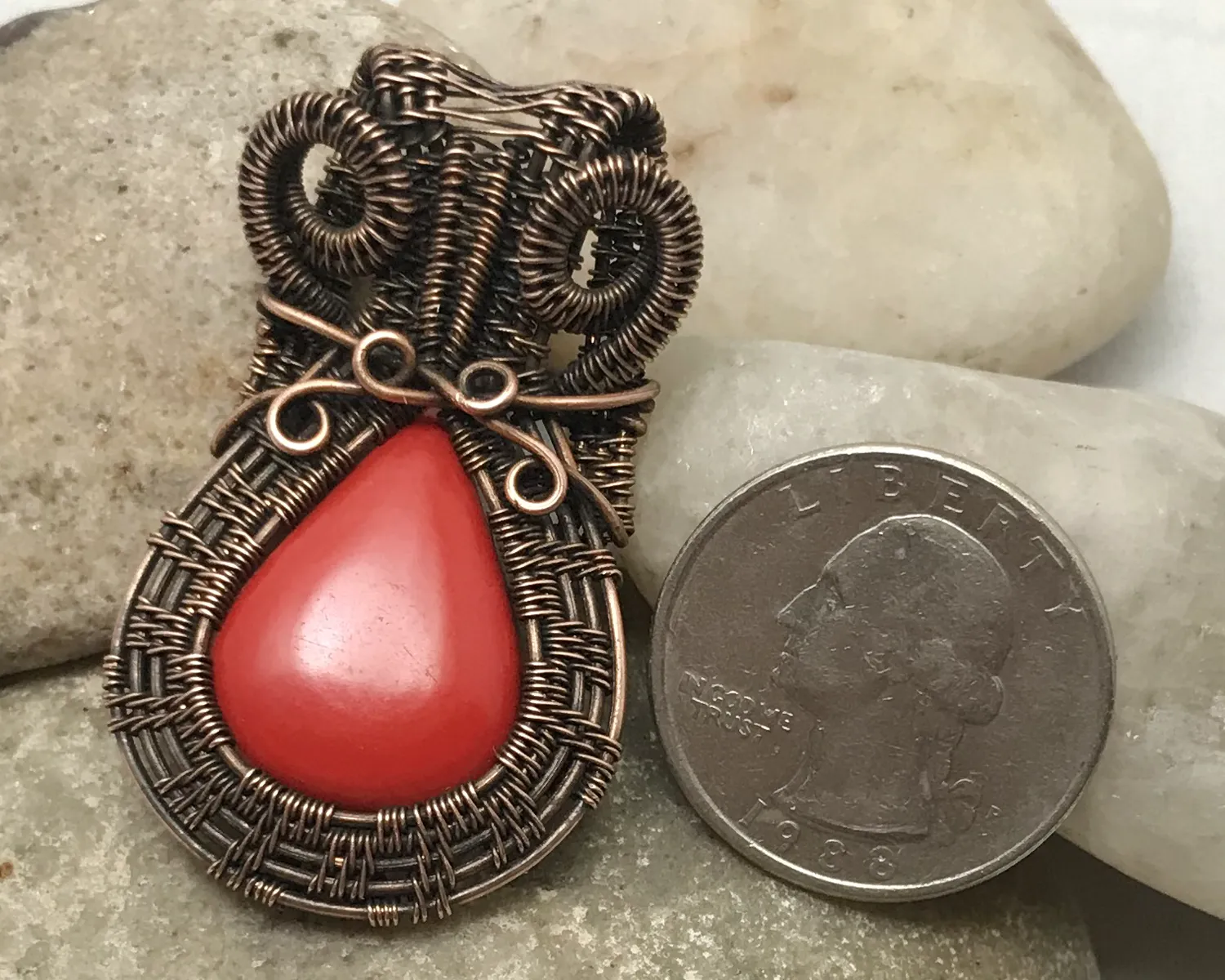 Oxidized Copper Wire Woven Red Coral Pendant