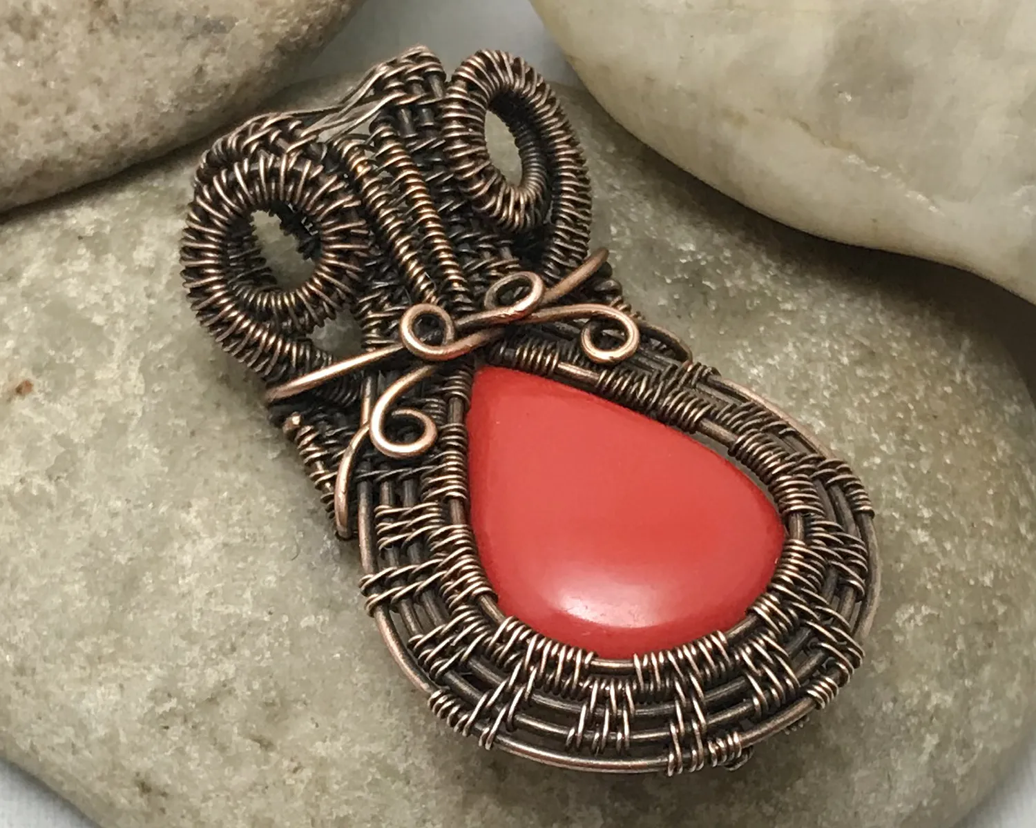 Oxidized Copper Wire Woven Red Coral Pendant