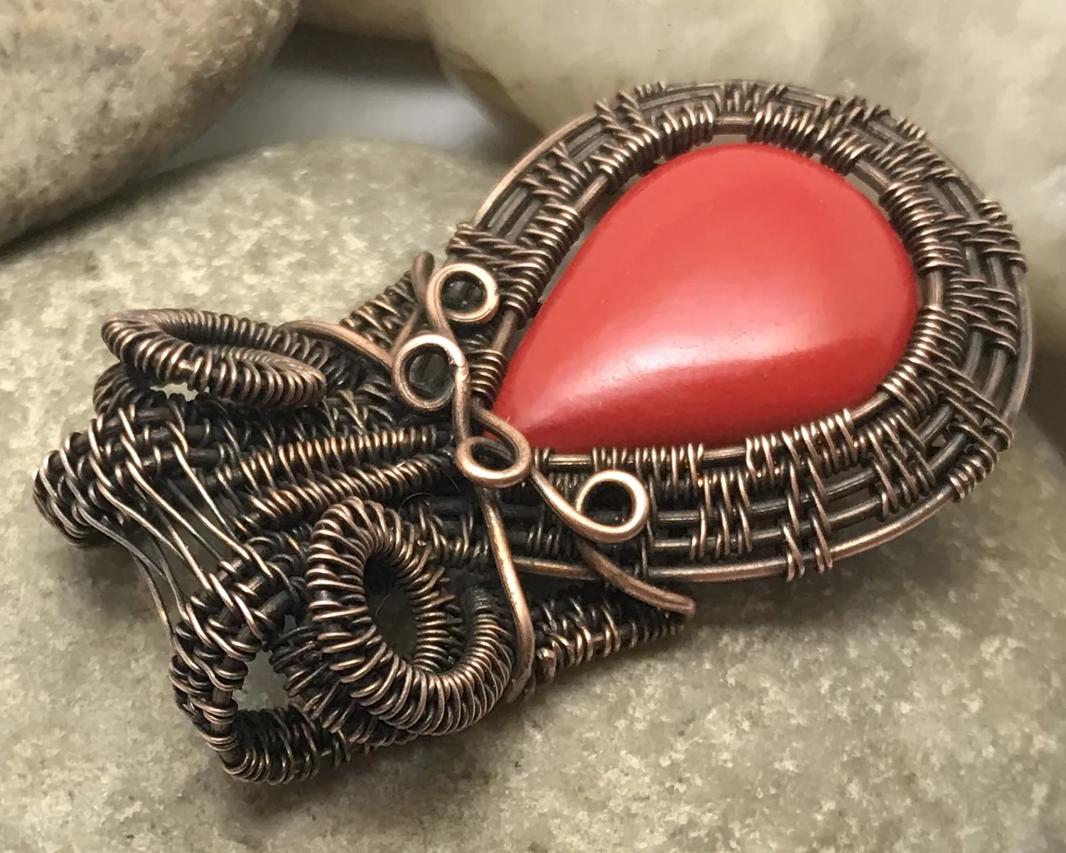 Oxidized Copper Wire Woven Red Coral Pendant