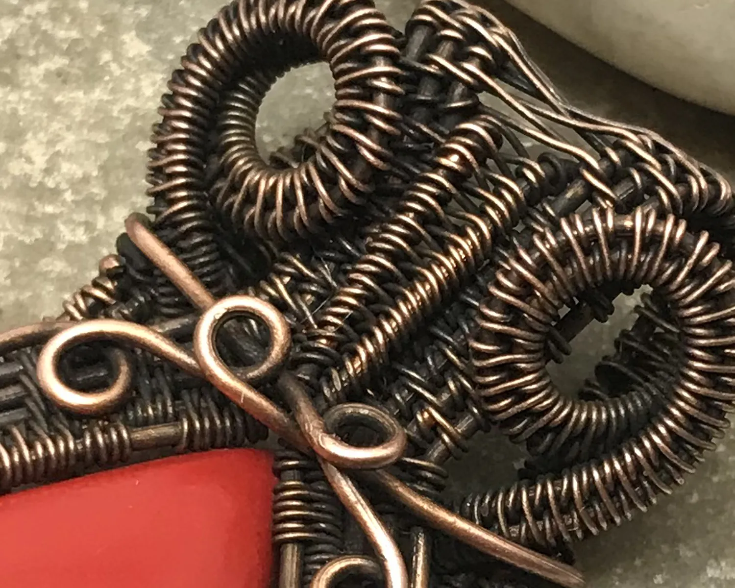 Oxidized Copper Wire Woven Red Coral Pendant