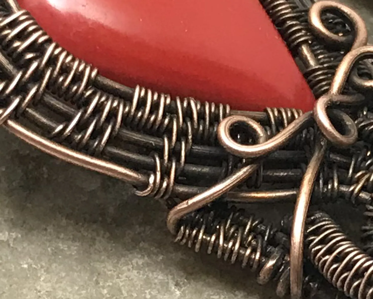 Oxidized Copper Wire Woven Red Coral Pendant