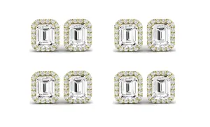 Paris jewelry 14k Yellow Gold 3Ct Emerald Cut White Sapphire Set Of Four Halo Stud Earrings Plated