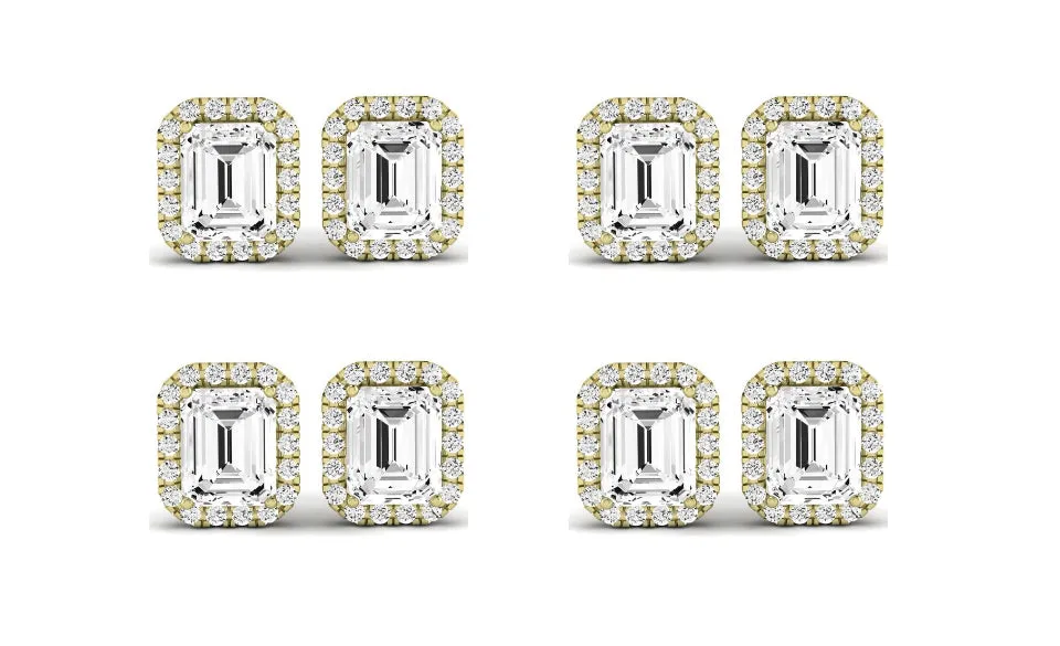 Paris jewelry 14k Yellow Gold 3Ct Emerald Cut White Sapphire Set Of Four Halo Stud Earrings Plated