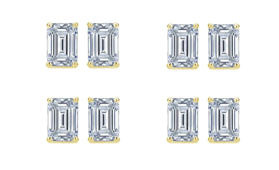 Paris jewelry 14k Yellow Gold 6mm 1Ct Emerald Cut White Sapphire Set Of Four Stud Earrings Plated