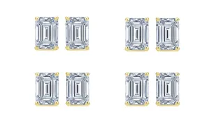 Paris jewelry 14k Yellow Gold 6mm 1Ct Emerald Cut White Sapphire Set Of Four Stud Earrings Plated