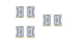 Paris jewelry 14k Yellow Gold 6mm 4Ct Emerald Cut White Sapphire Set Of Three Stud Earrings Plated