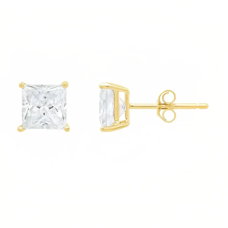 Paris Jewelry 18k Yellow Gold 2 Pair Created White Sapphire 4mm, 6mm Round & Princess Cut Stud Earrings Plated