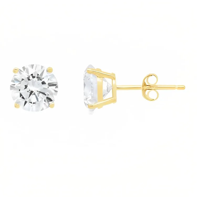 Paris Jewelry 18k Yellow Gold 2 Pair Created White Sapphire 4mm, 6mm Round & Princess Cut Stud Earrings Plated