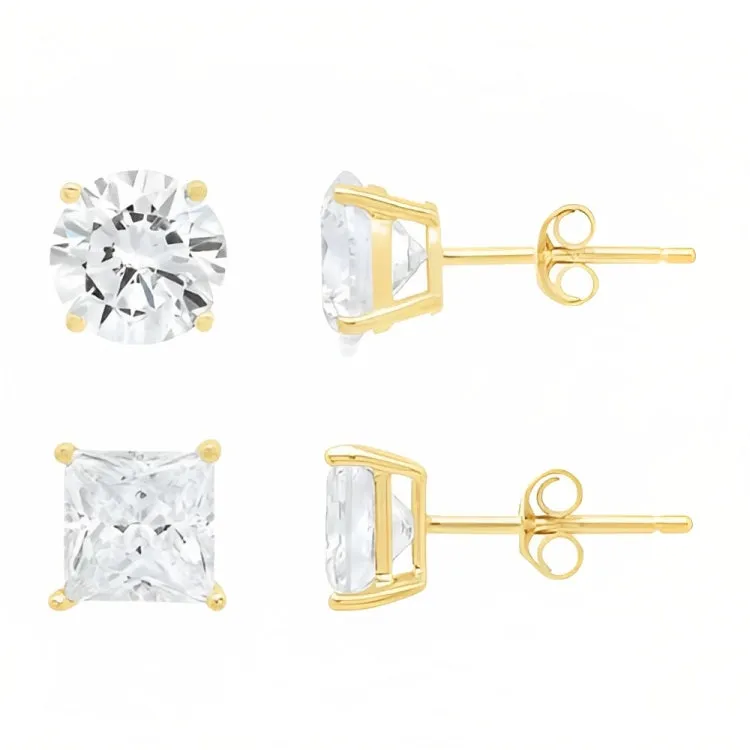 Paris Jewelry 18k Yellow Gold 2 Pair Created White Sapphire 4mm, 6mm Round & Princess Cut Stud Earrings Plated