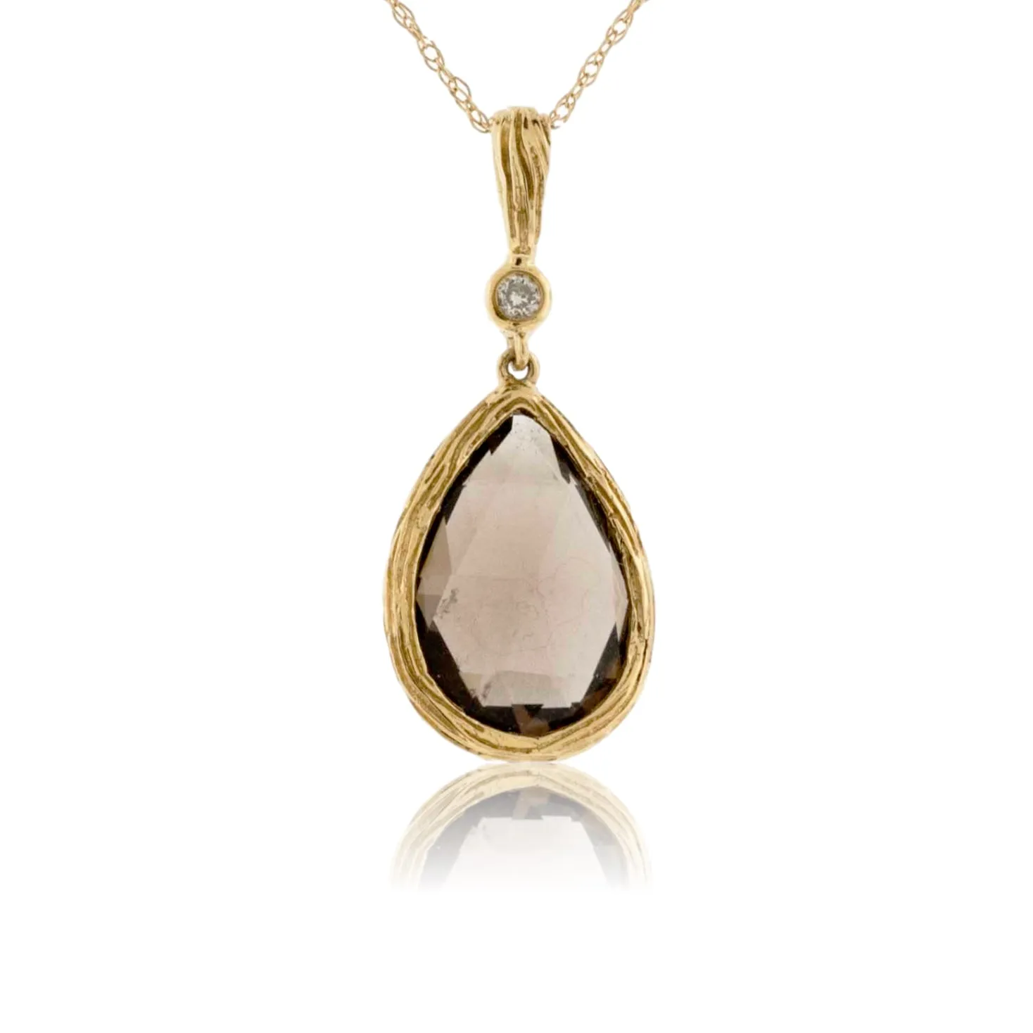 Pear Shaped Smoky Quartz with Single Diamond Pendant and Chain