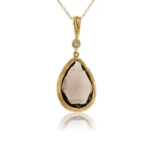 Pear Shaped Smoky Quartz with Single Diamond Pendant and Chain
