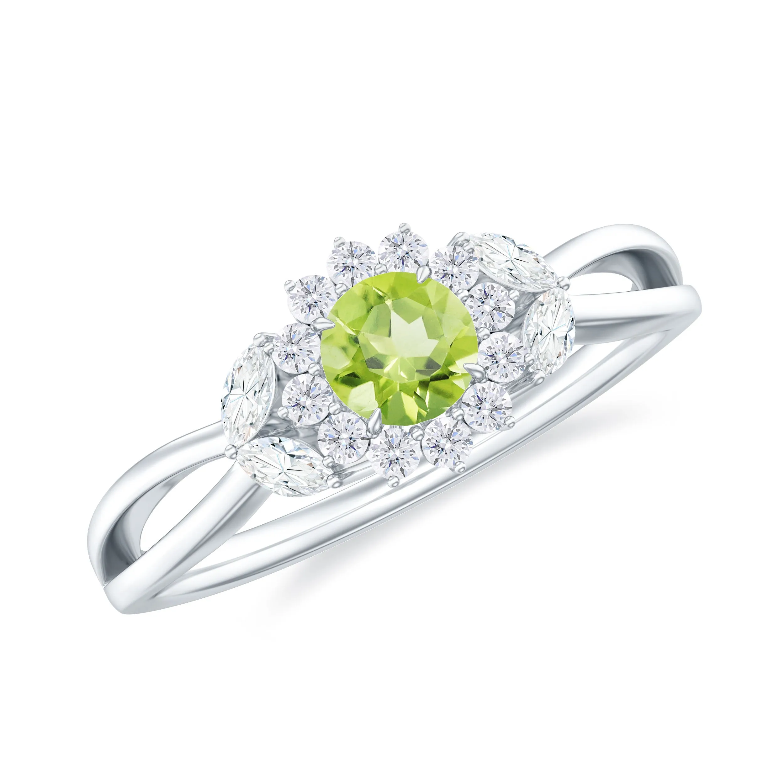 Peridot and Diamond Flower Engagement Ring with Split Shank