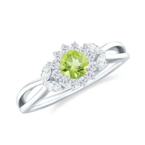Peridot and Diamond Flower Engagement Ring with Split Shank