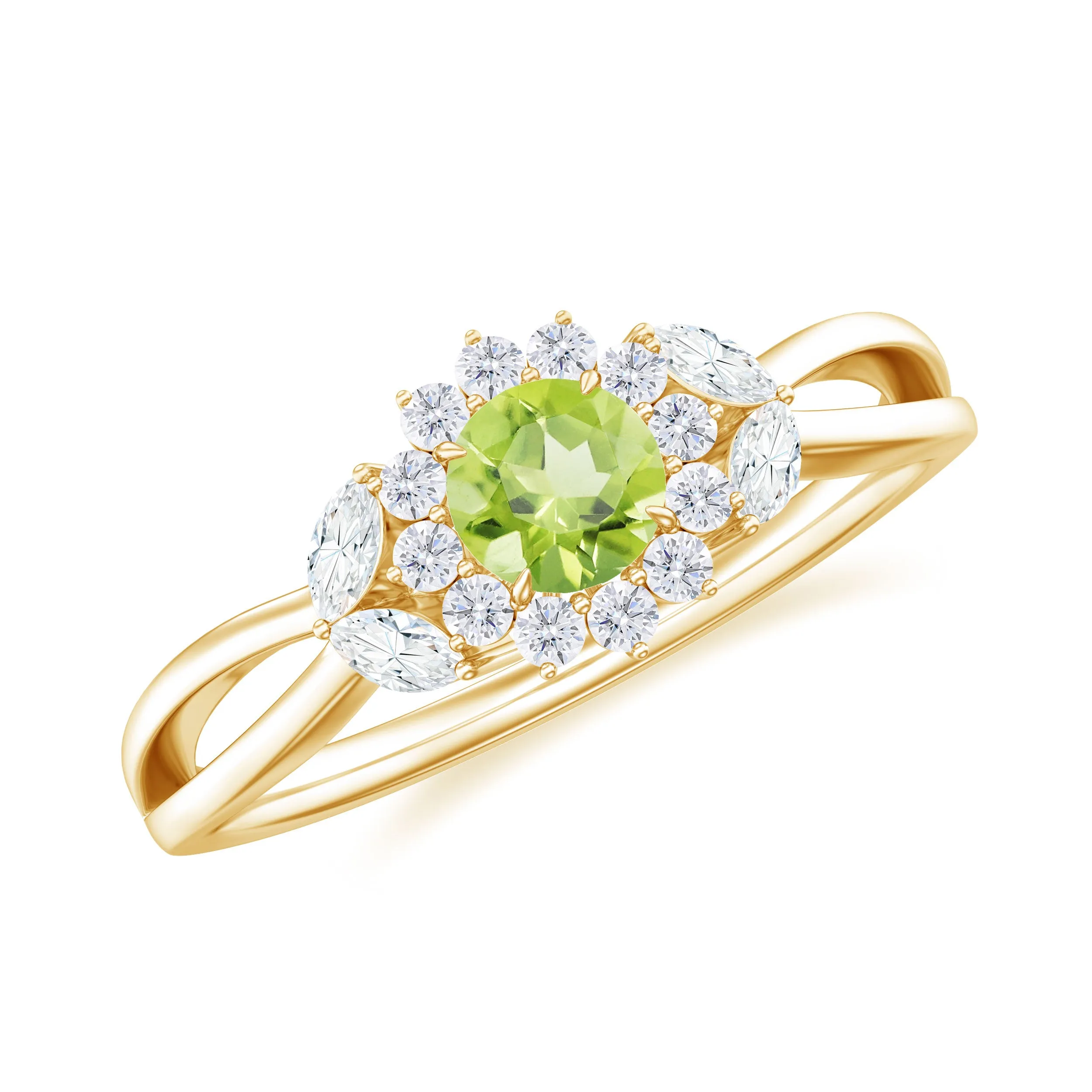 Peridot and Diamond Flower Engagement Ring with Split Shank