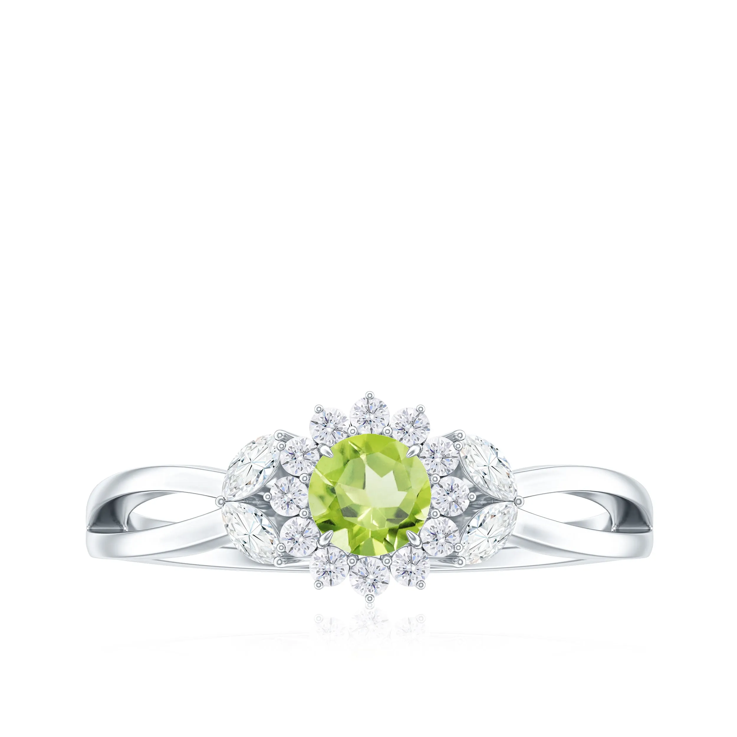Peridot and Diamond Flower Engagement Ring with Split Shank