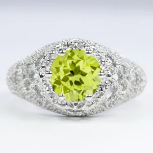 PERIDOT STERLING SILVER RING VINTAGE STYLE FILIGREE ROUND CUT ART DECO GEMSTONE