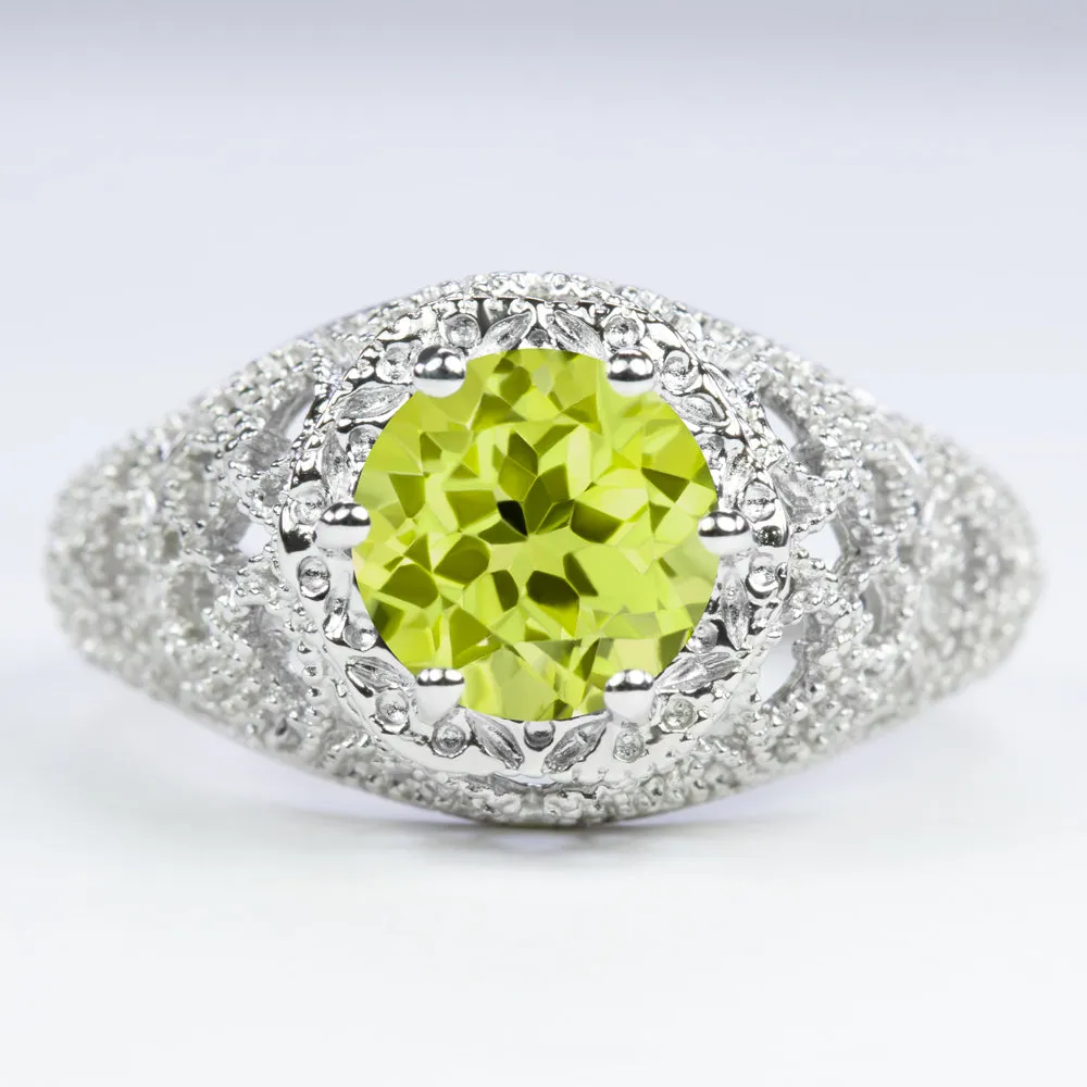 PERIDOT STERLING SILVER RING VINTAGE STYLE FILIGREE ROUND CUT ART DECO GEMSTONE
