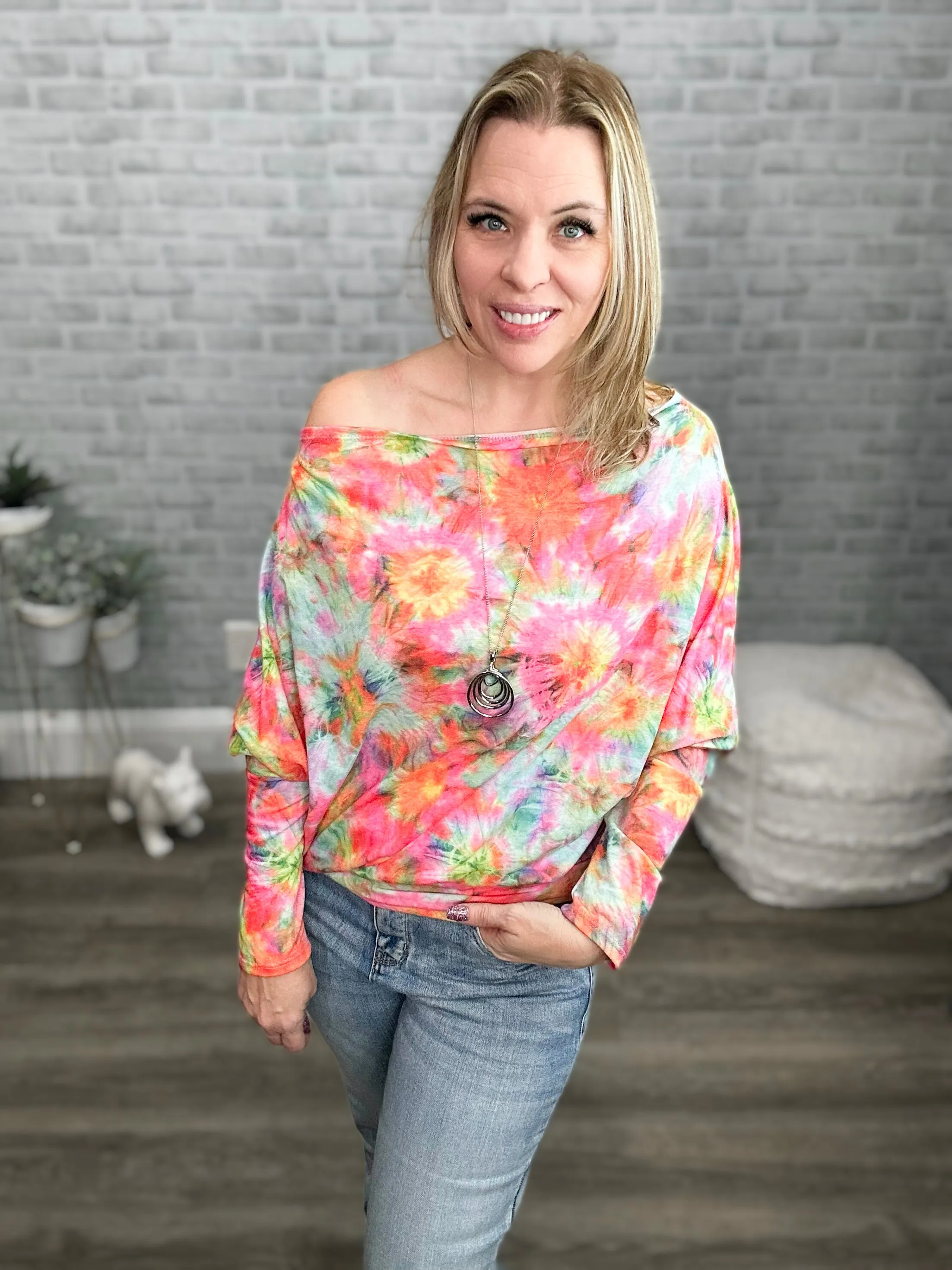 Pink Sunburst Tie Dye Wide Neck / Off the Shoulder Dolman Top