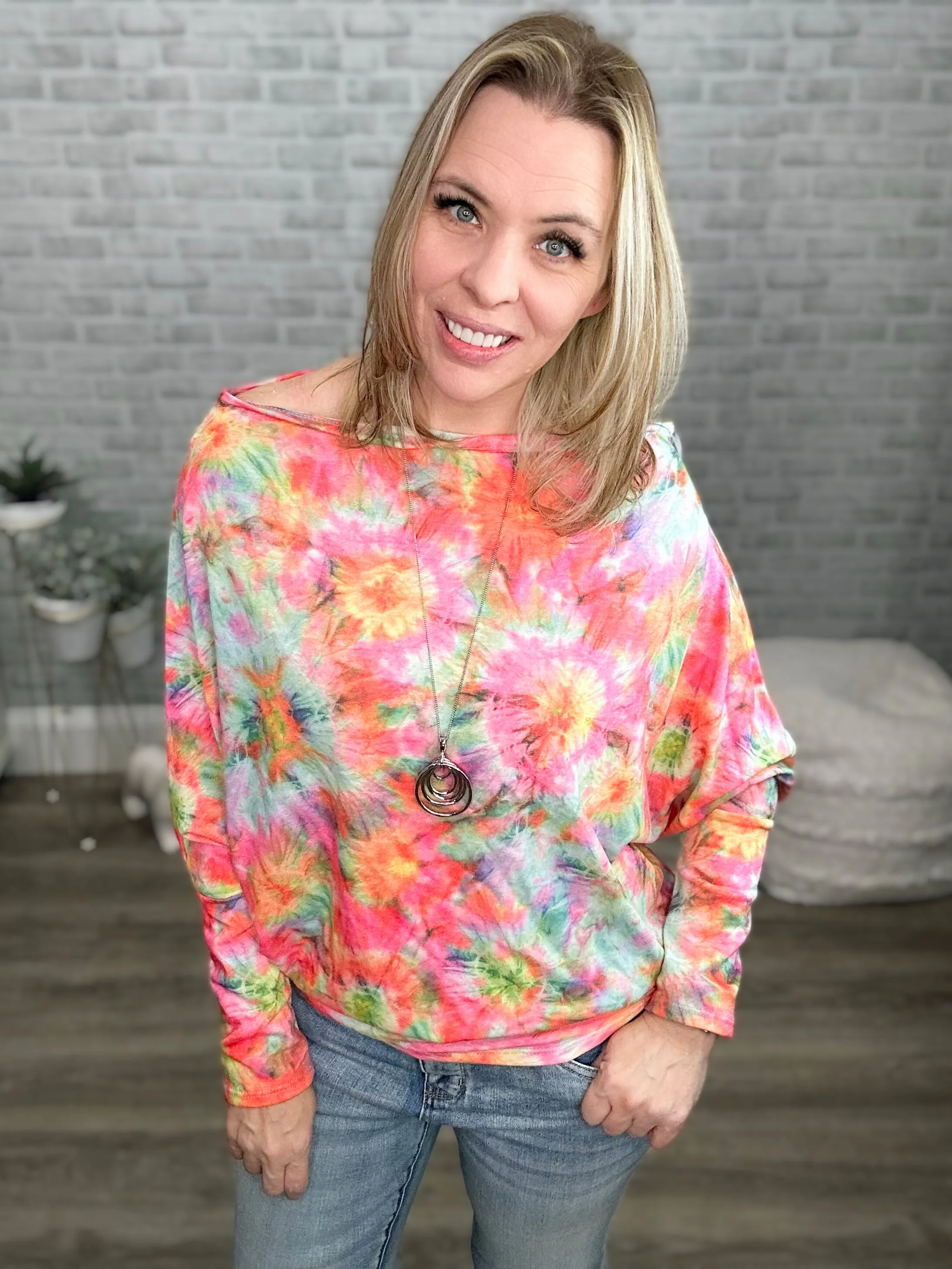 Pink Sunburst Tie Dye Wide Neck / Off the Shoulder Dolman Top