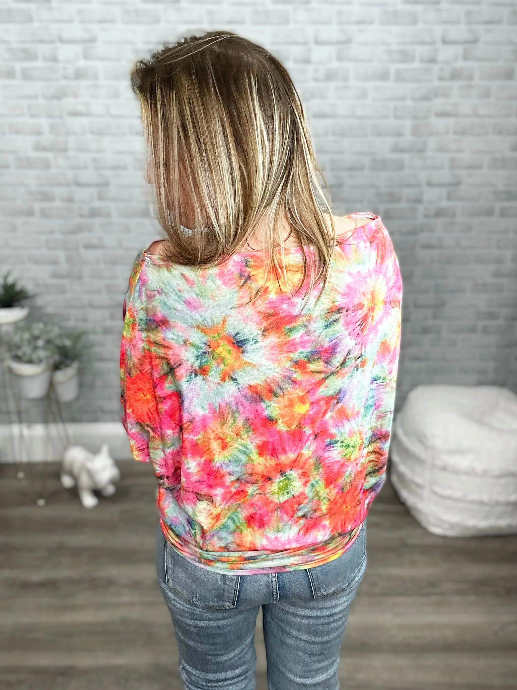 Pink Sunburst Tie Dye Wide Neck / Off the Shoulder Dolman Top
