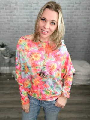 Pink Sunburst Tie Dye Wide Neck / Off the Shoulder Dolman Top