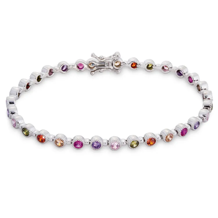 Platinum Finished Sterling Silver Colored Stone Bracelet 7.25
