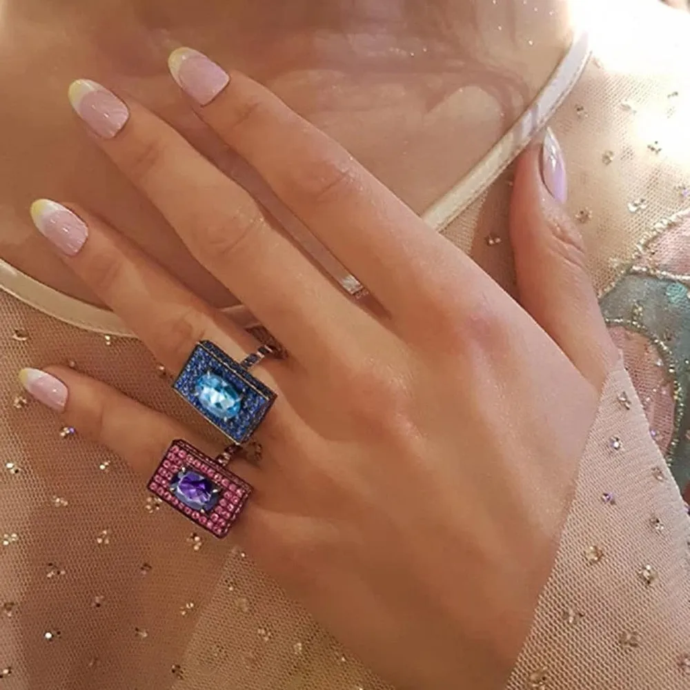 Punk Jewelry Exaggerated Black Square Cubic Zircon Cocktail Ring for Women