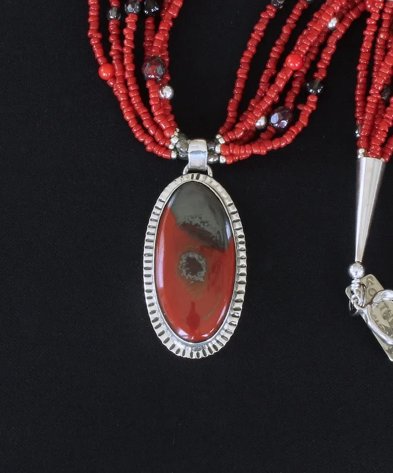 Rainbow Brecciated Jasper and Sterling Silver Pendant with 6 Strands of Red Pote Beads, Smoky Quartz Rondelles, Czech Glass and Sterling Silver