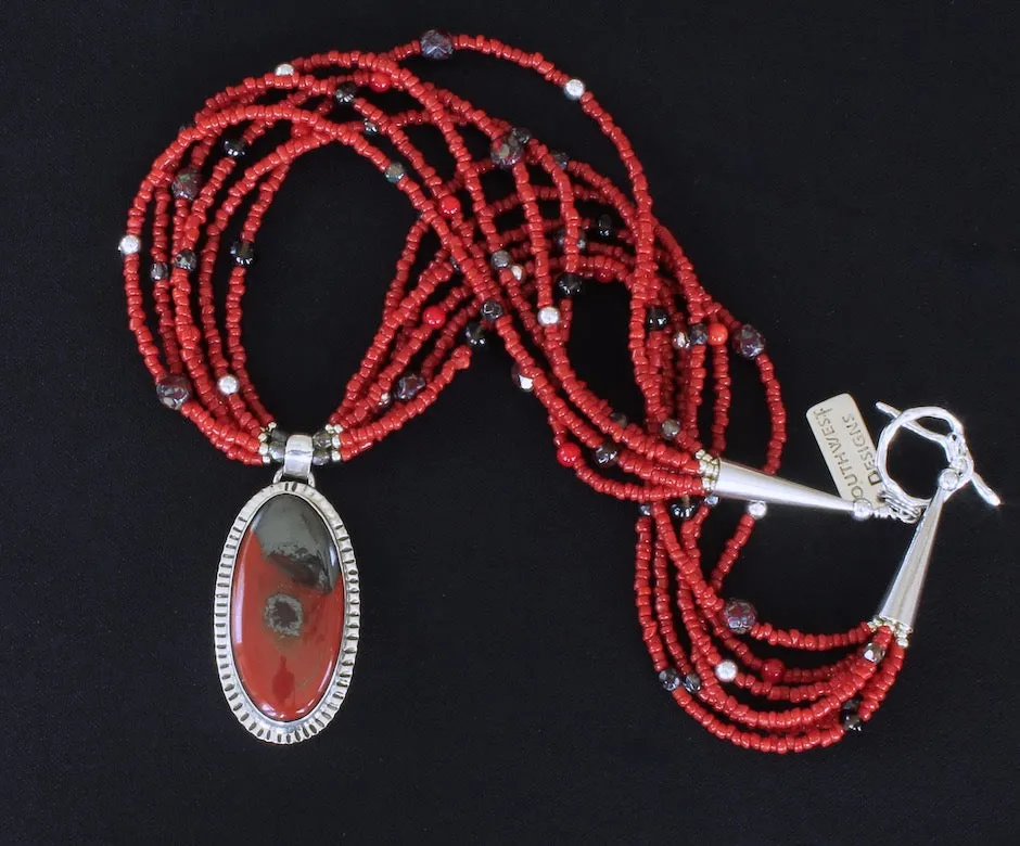 Rainbow Brecciated Jasper and Sterling Silver Pendant with 6 Strands of Red Pote Beads, Smoky Quartz Rondelles, Czech Glass and Sterling Silver