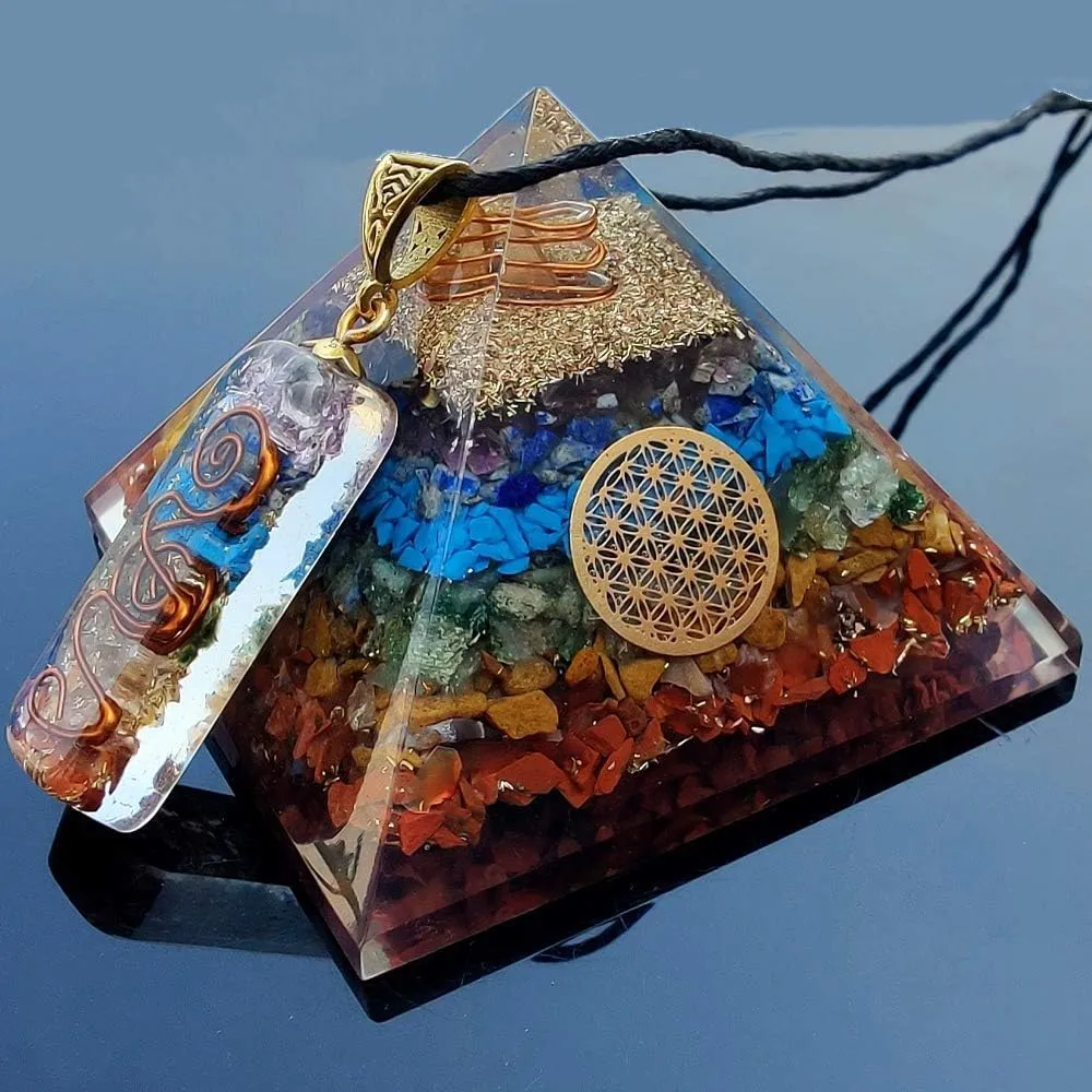 Real Crystal Orgone Chakra Pyramid - Seven Chakra Orgone Pyramid - Orgonite Pyramid for Energy Healing - Orgonite Kit - Protection With Seven Chakra Orgonite Necklace