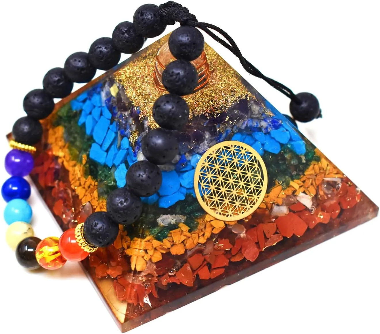 Real Crystal Orgone Chakra Pyramid - Seven Chakra Orgone Pyramid - Orgonite Pyramid for Energy Healing - Orgonite Kit - Protection With Seven Chakra Orgonite Necklace