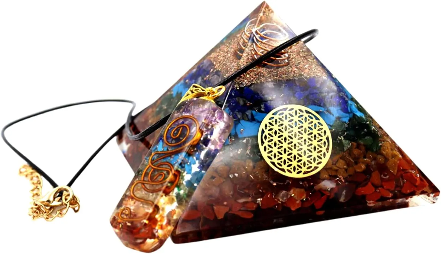 Real Crystal Orgone Chakra Pyramid - Seven Chakra Orgone Pyramid - Orgonite Pyramid for Energy Healing - Orgonite Kit - Protection With Seven Chakra Orgonite Necklace