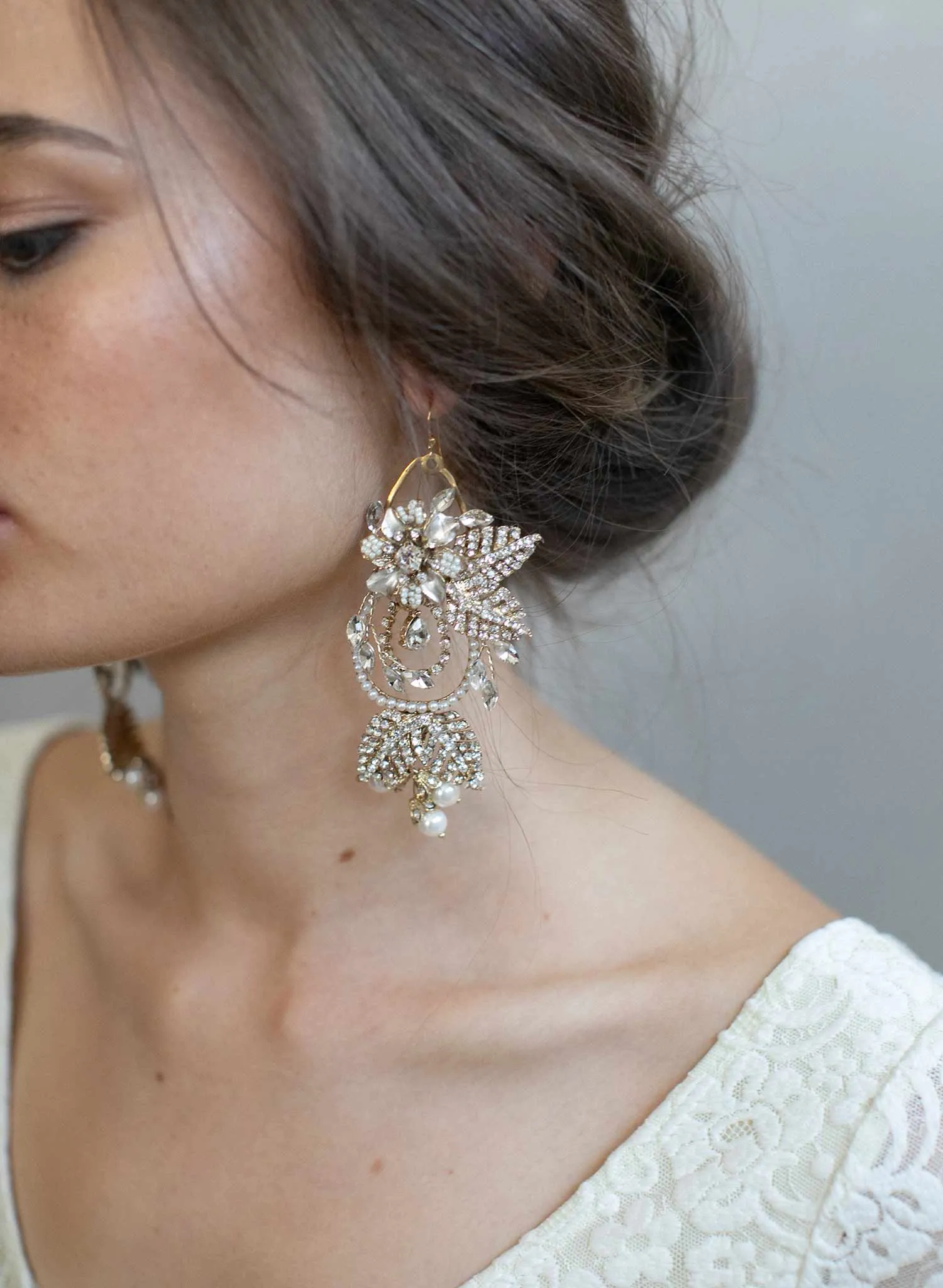 Regal gold flower and leaf chandelier earrings- Style #910