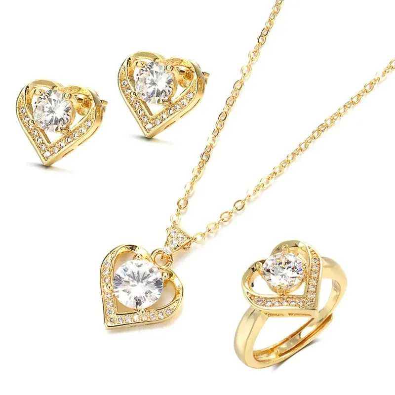 Romantic Zircon Embellished Love Heart Necklace, Earrings, and Rings Jewelry Set