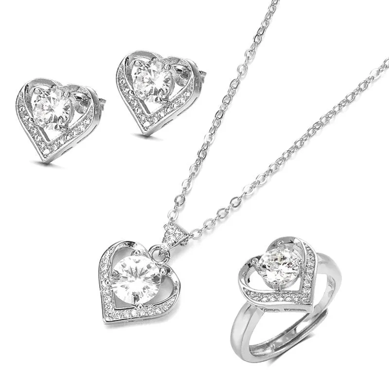 Romantic Zircon Embellished Love Heart Necklace, Earrings, and Rings Jewelry Set