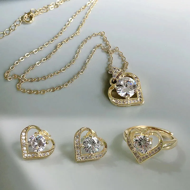 Romantic Zircon Embellished Love Heart Necklace, Earrings, and Rings Jewelry Set