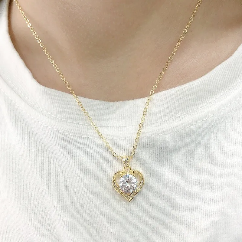 Romantic Zircon Embellished Love Heart Necklace, Earrings, and Rings Jewelry Set