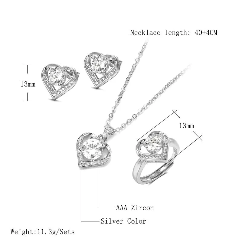 Romantic Zircon Embellished Love Heart Necklace, Earrings, and Rings Jewelry Set