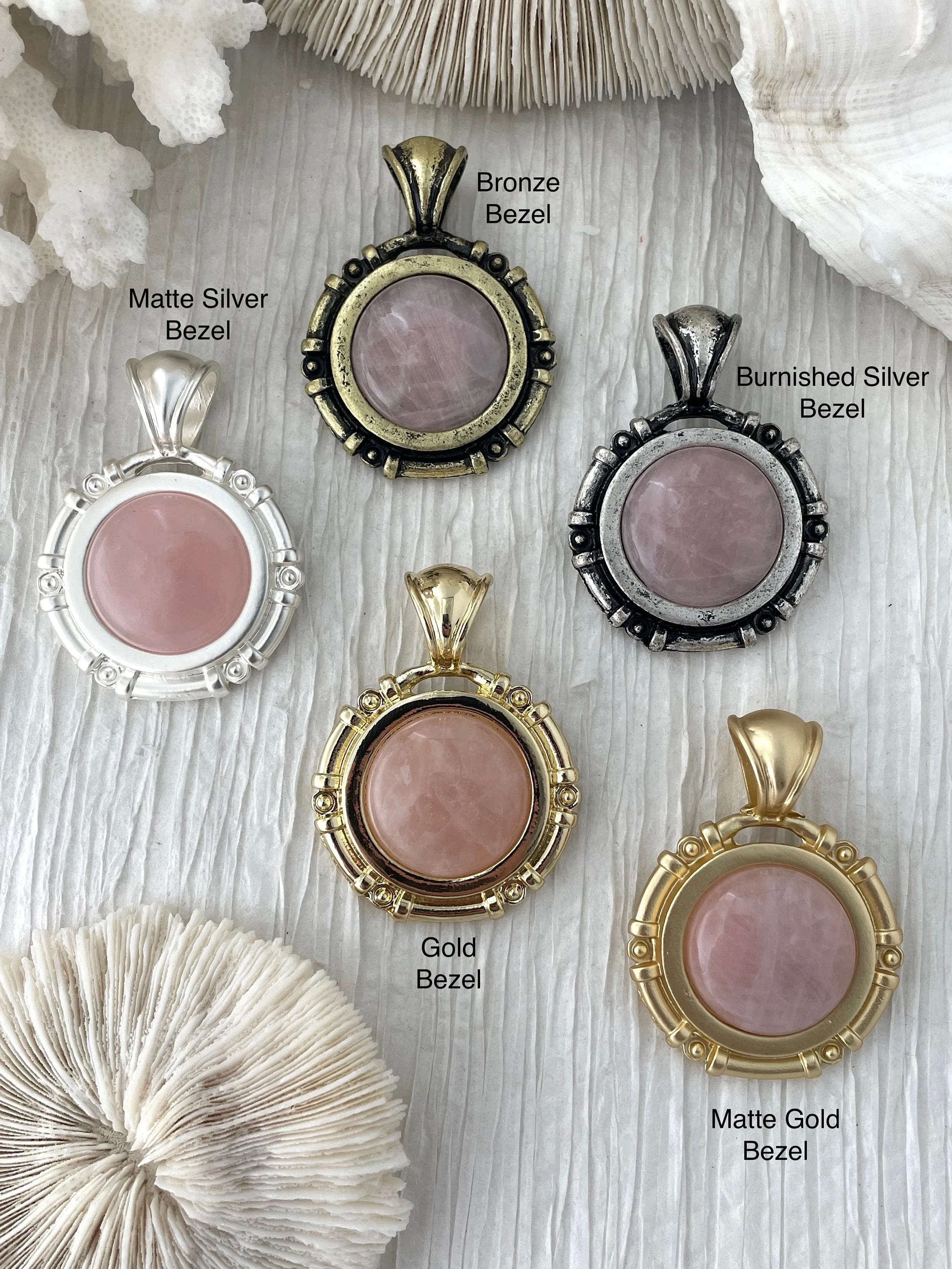 Rose Quartz Stone Pendant with Brass Bezel, Natural Stone Pendants, will come in a variety of patterns, 5 bezel colors, Fast Ship
