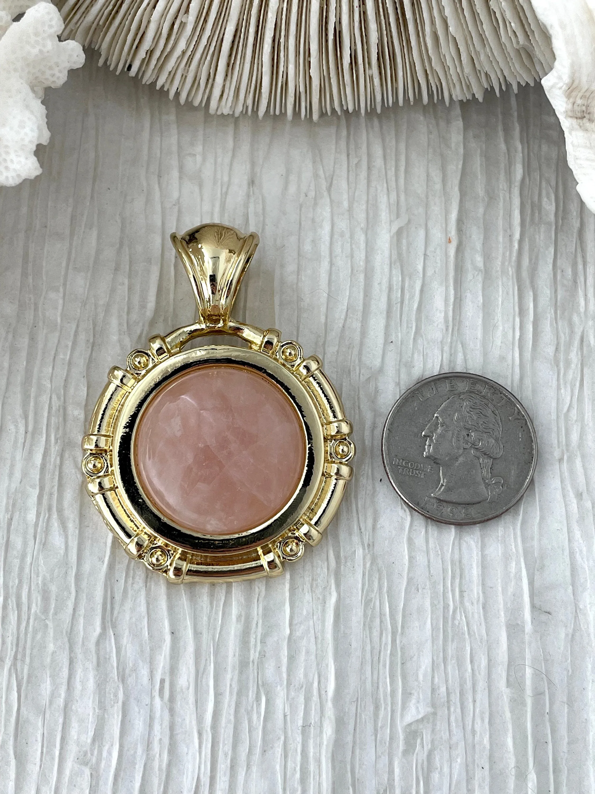 Rose Quartz Stone Pendant with Brass Bezel, Natural Stone Pendants, will come in a variety of patterns, 5 bezel colors, Fast Ship