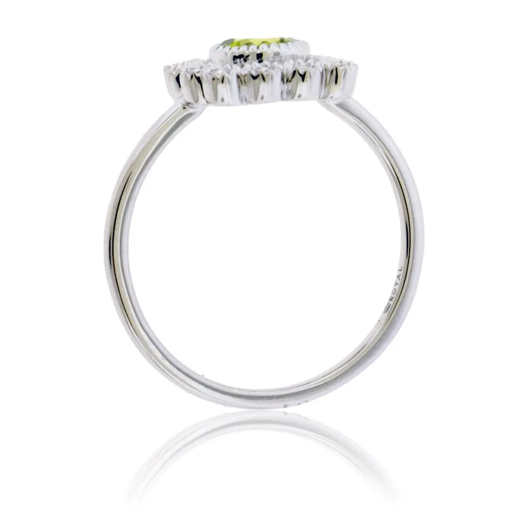 Round Shaped Peridot and Diamond Bezel Style Halo Ring