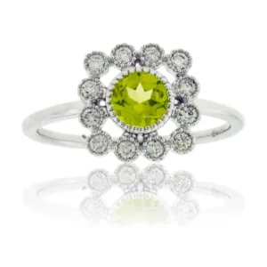 Round Shaped Peridot and Diamond Bezel Style Halo Ring