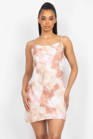 Satin Print Cowl Neck Dress