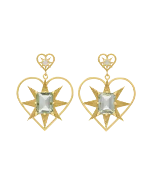Shining Heart Earrings | 22k Gold Plate | White Zircon & Green Amethyst