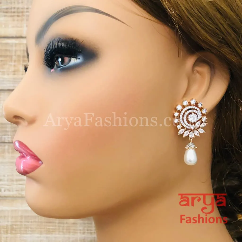 Silver CZ Earrings with Pearl Drops/ Designer CZ Indian Earrings