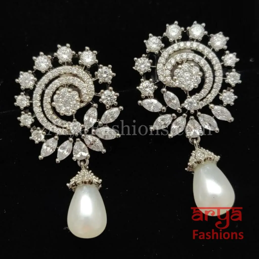 Silver CZ Earrings with Pearl Drops/ Designer CZ Indian Earrings