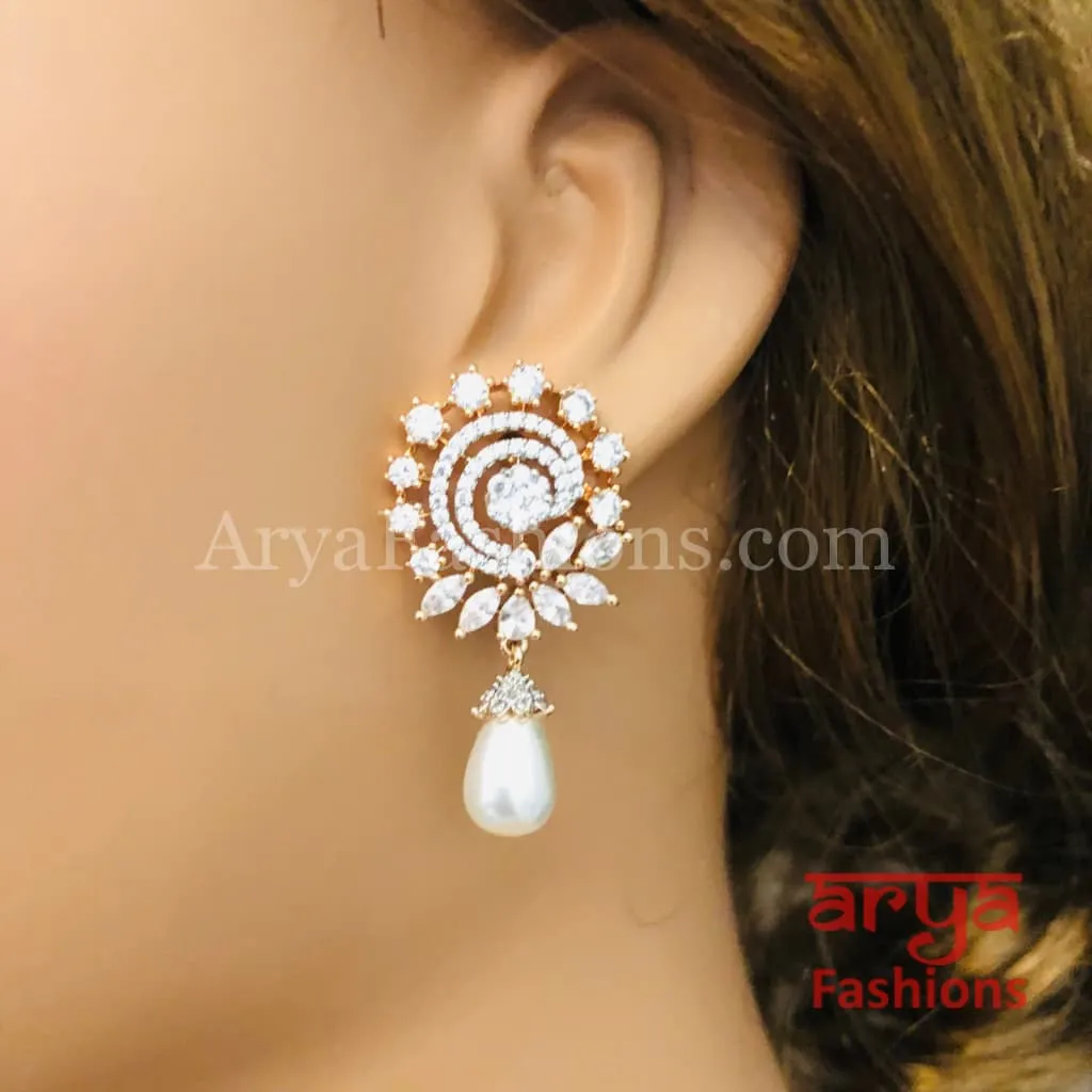 Silver CZ Earrings with Pearl Drops/ Designer CZ Indian Earrings