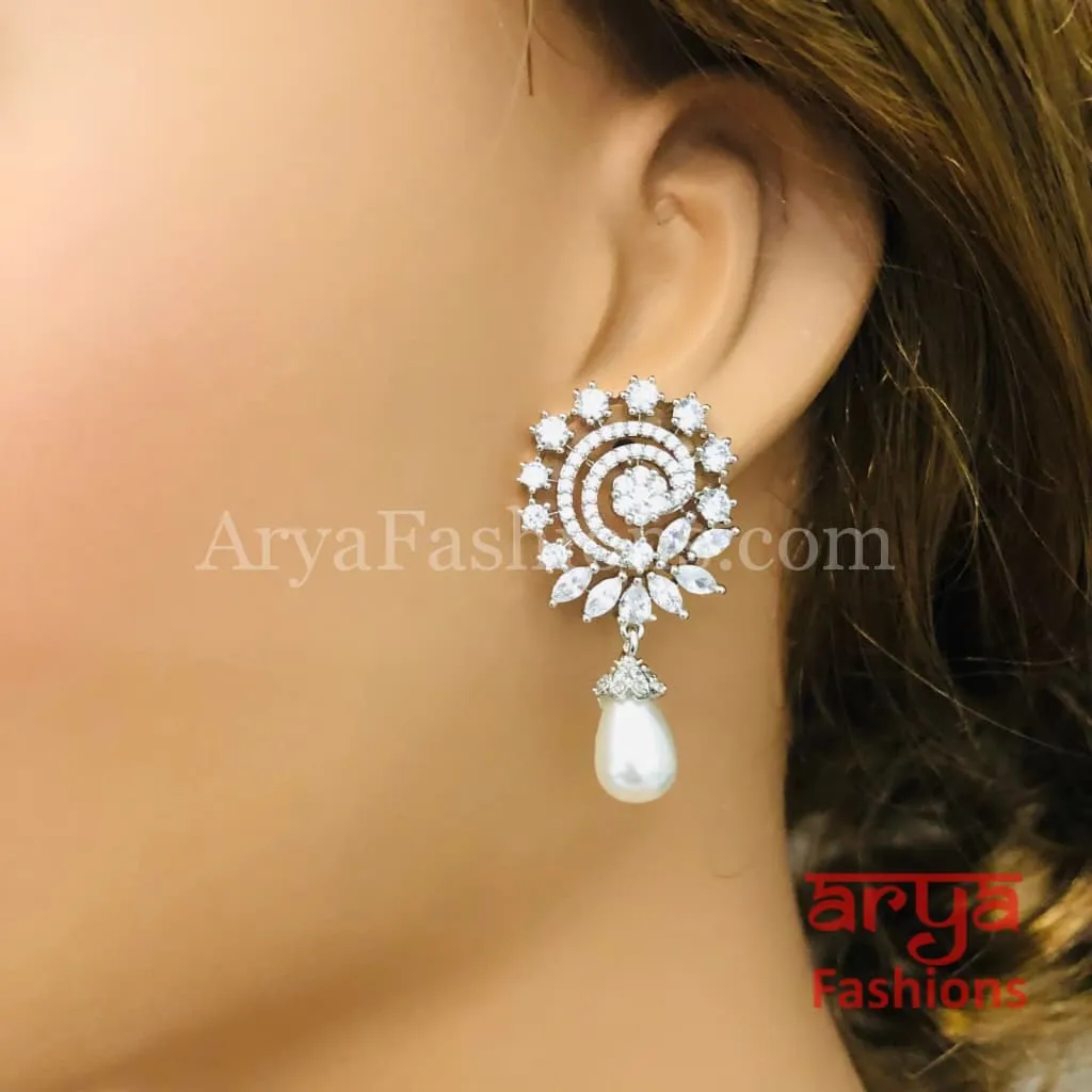 Silver CZ Earrings with Pearl Drops/ Designer CZ Indian Earrings