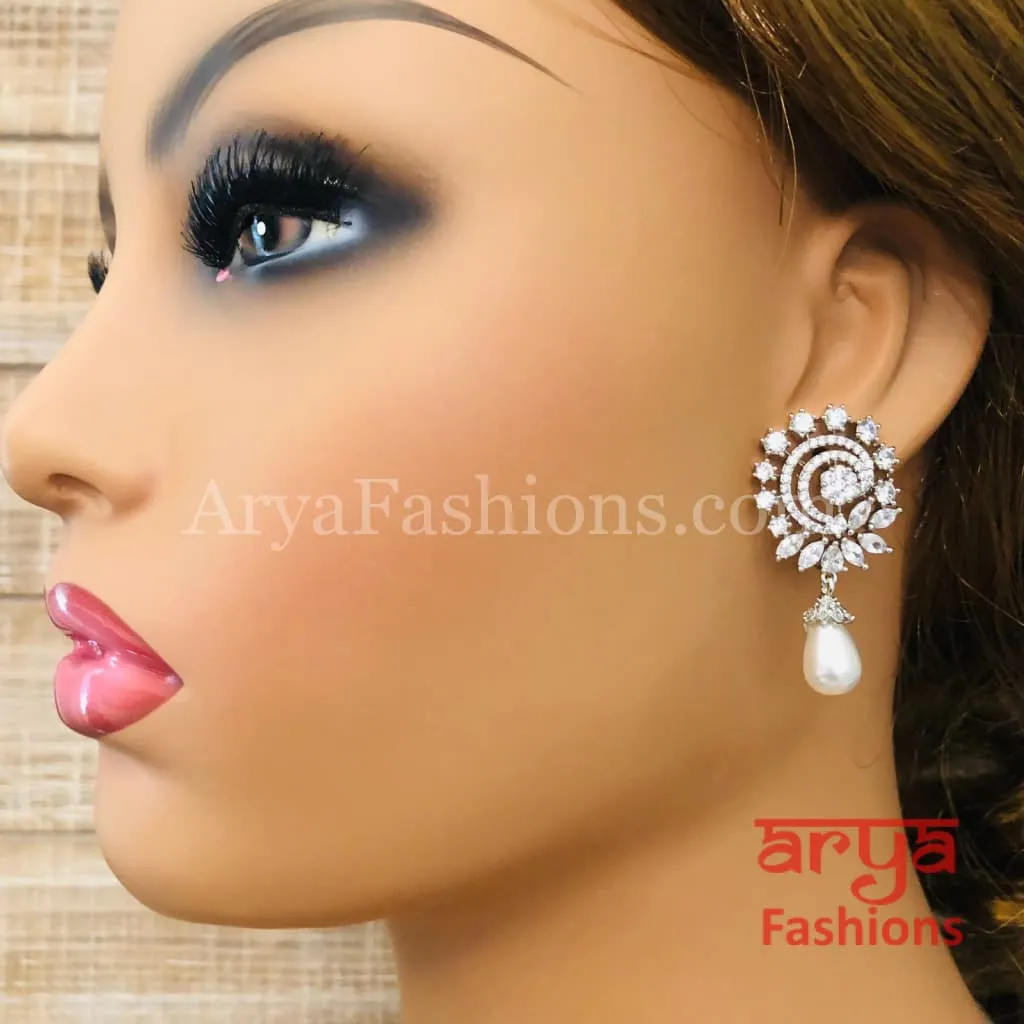 Silver CZ Earrings with Pearl Drops/ Designer CZ Indian Earrings