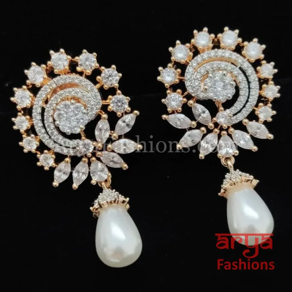 Silver CZ Earrings with Pearl Drops/ Designer CZ Indian Earrings